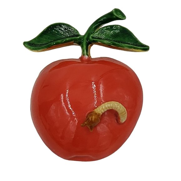Original by Robert Enamel Apple Worm Brooch Red Fruit Figural Signed VTG - Picture 12 of 12